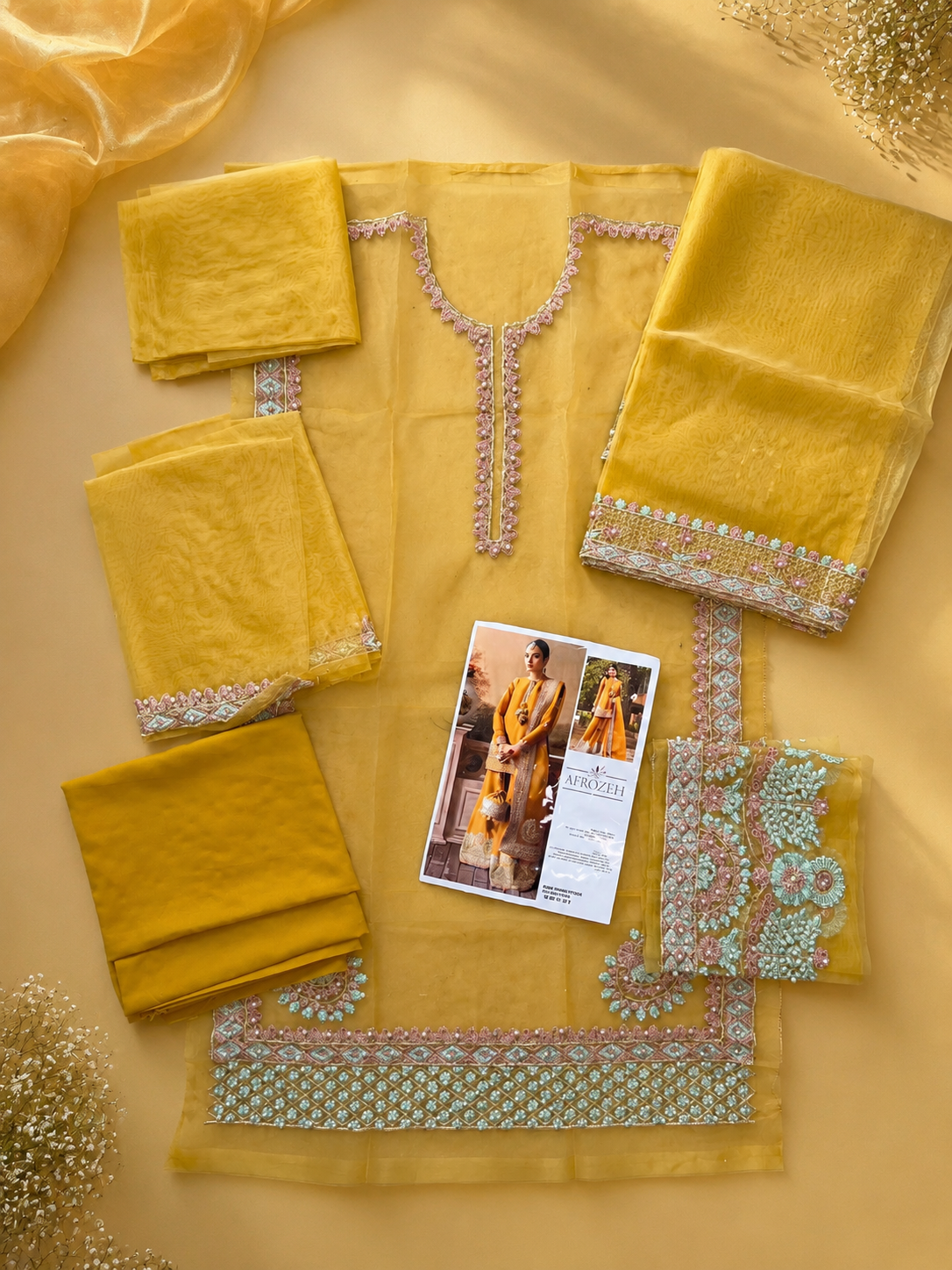 AFROZEH 3 Piece Unstitched Embroidered Organza Suit With Plazzo Pants