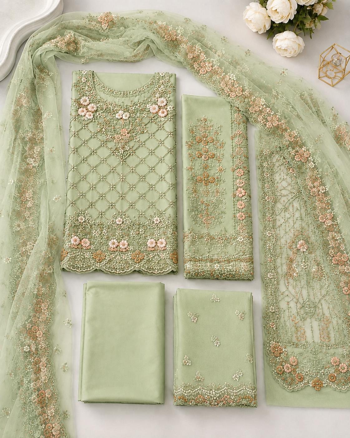 MARIA.B NET SAARE WITH FULLY EMBROIDERED