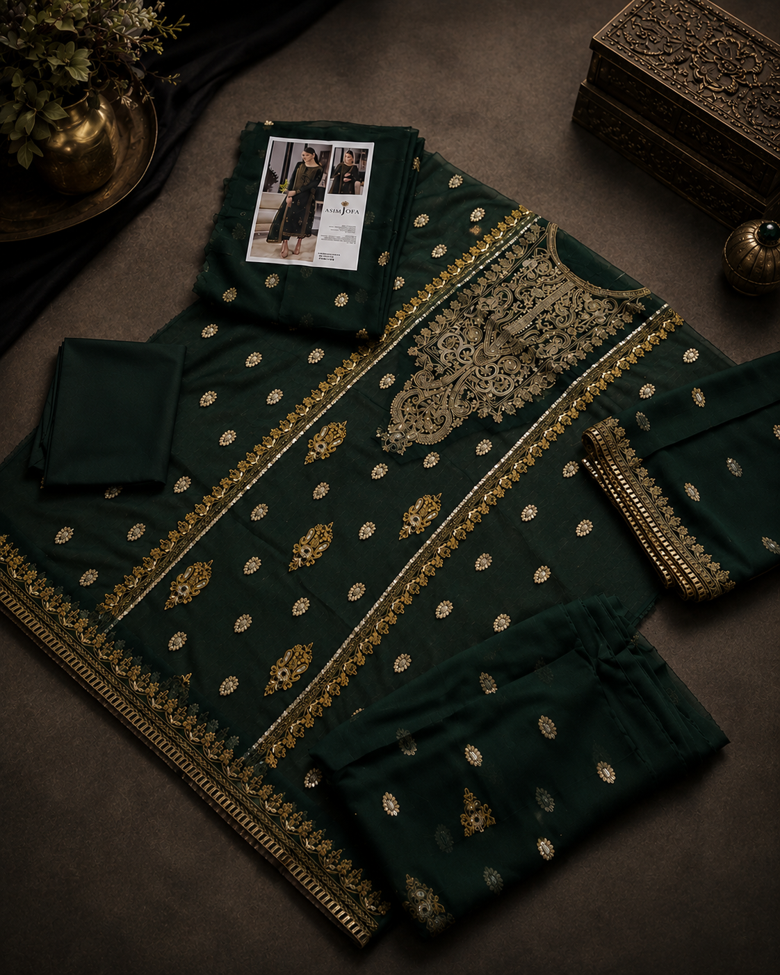 ASIM JOFA 3 Piece Unstitched Embroidered Chiffon Suit With Chiffon Dupatta
