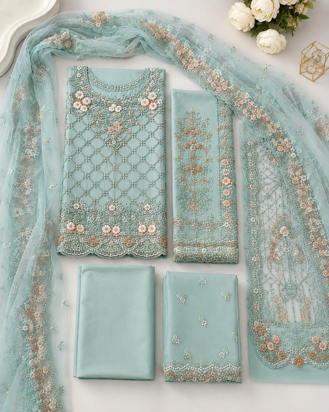 MARIA.B NET SAARE WITH FULLY EMBROIDERED