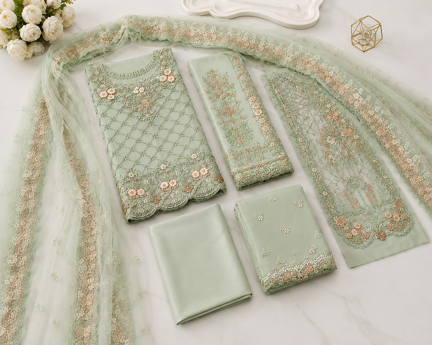 MARIA.B NET SAARE WITH FULLY EMBROIDERED