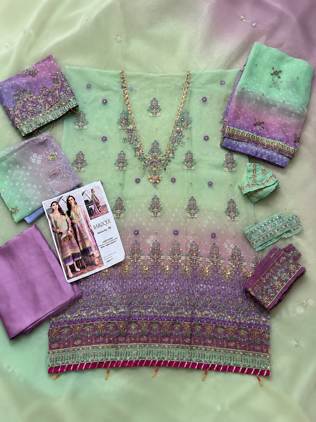 BAROQUE 3 Piece Unstitched Embroidered Chiffon Suit With Silk Trouser