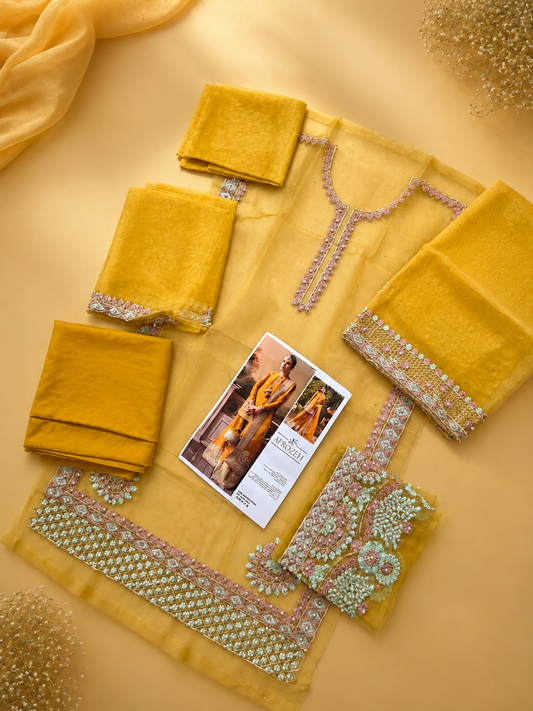 AFROZEH 3 Piece Unstitched Embroidered Organza Suit With Plazzo Pants