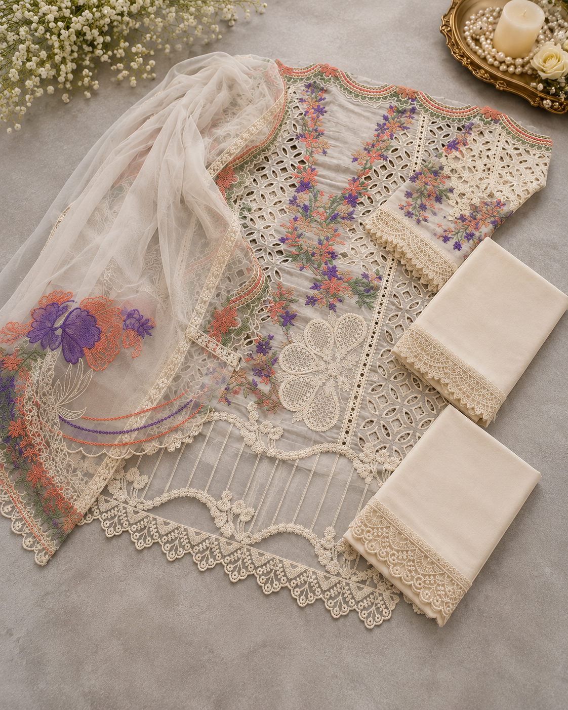 SAIRA SHAKIRA 3 Piece Unstitched Embroidered ChikanKari Suit With Chiffon Dupatta