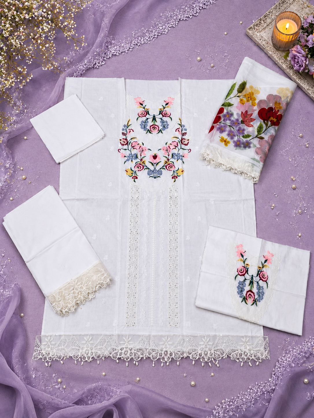 3 Piece Unstitched Embroidered Pure Cotton Lawn Suit