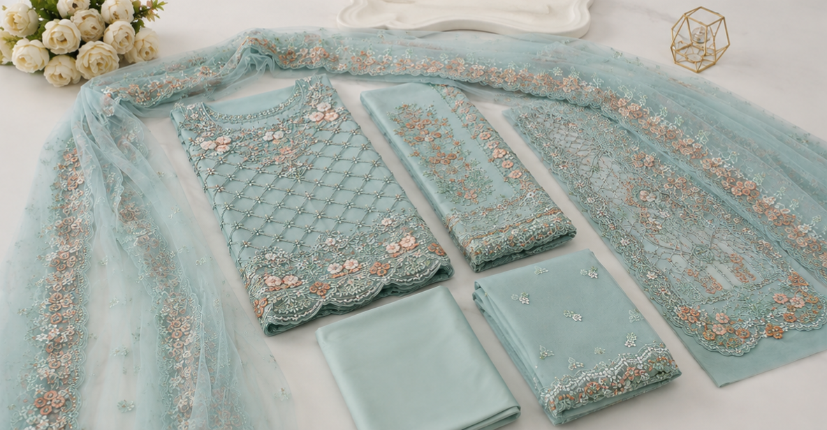 MARIA.B NET SAARE WITH FULLY EMBROIDERED