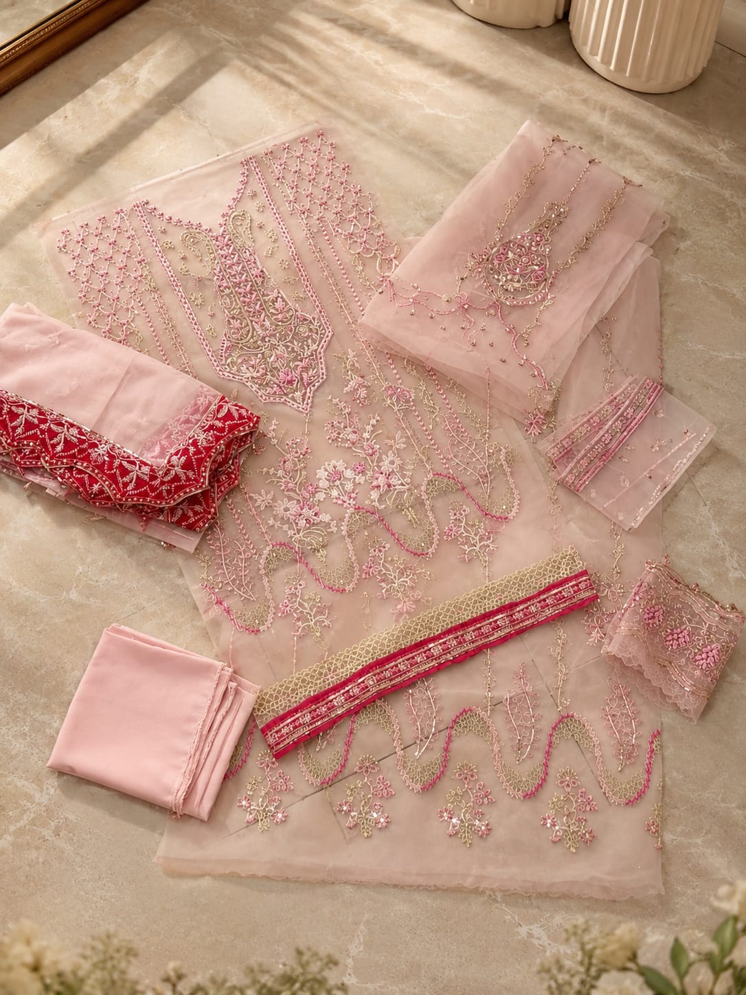 AFROZEH 3 Piece Unstitched Embroidered Organza Suit With Organza Dupatta