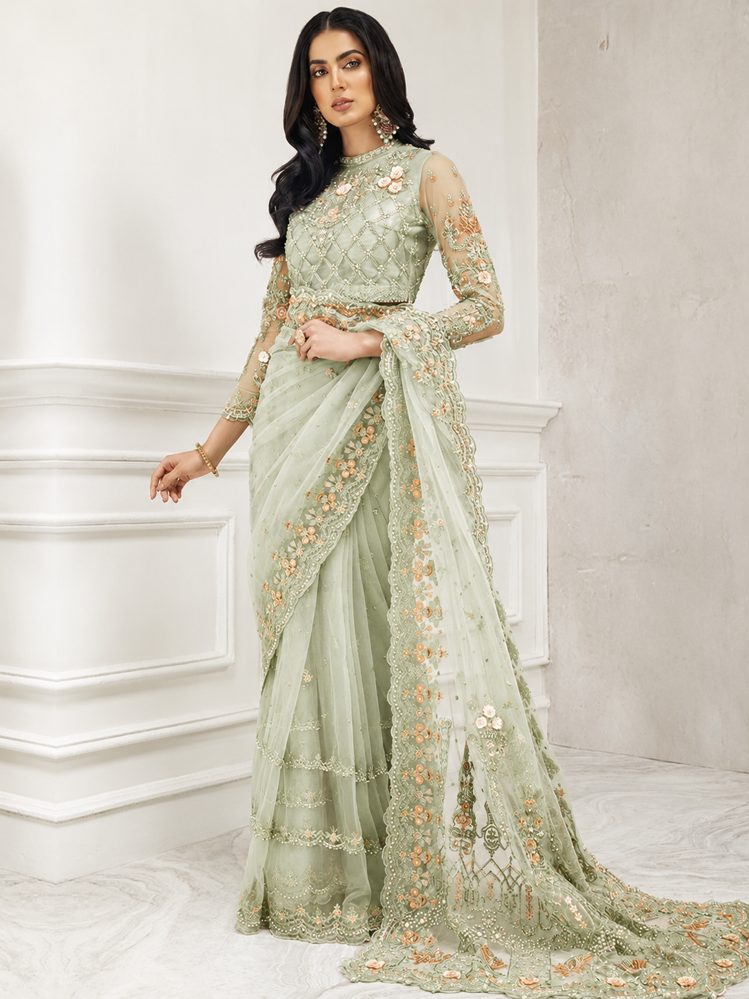 MARIA.B NET SAARE WITH FULLY EMBROIDERED