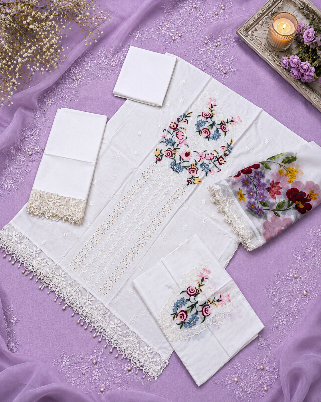 3 Piece Unstitched Embroidered Pure Cotton Lawn Suit