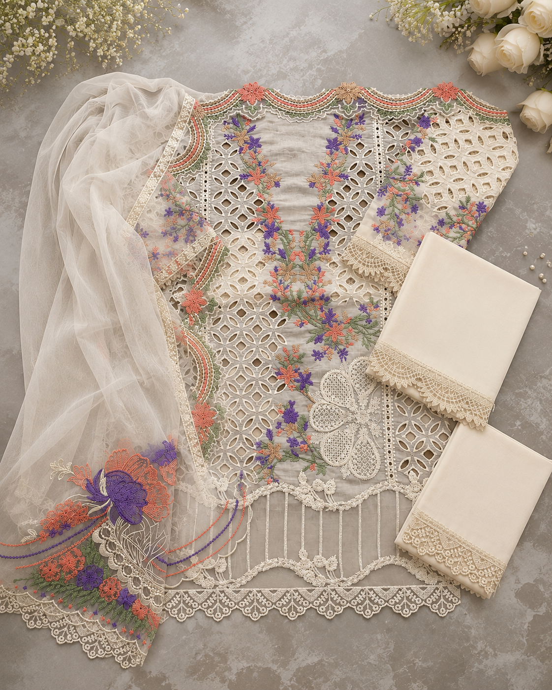SAIRA SHAKIRA 3 Piece Unstitched Embroidered ChikanKari Suit With Chiffon Dupatta